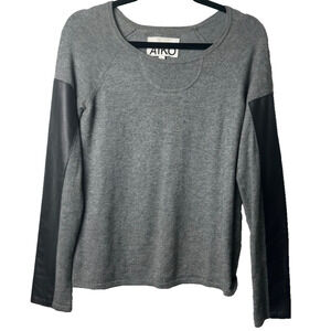 $295 AIKO Kwan Leather Sleeve S Sweater Gray Cotton/Cashmere Anthropologie D26